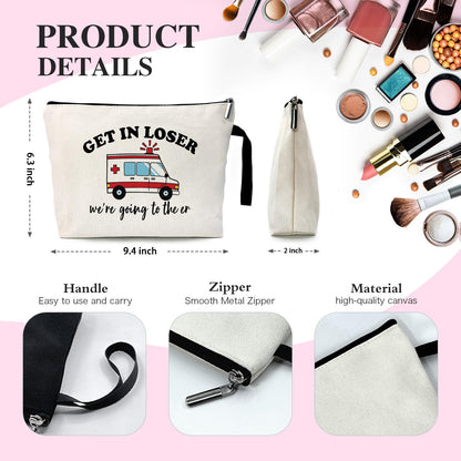 Get In Loser We're Going To The ER Funny Canvas Zipper Makeup Bag, Travel Accessories Storage Toiletries Bag, Gifts for Paramedic Emergency Medical Technician Ambulance Technician Nurse EMT