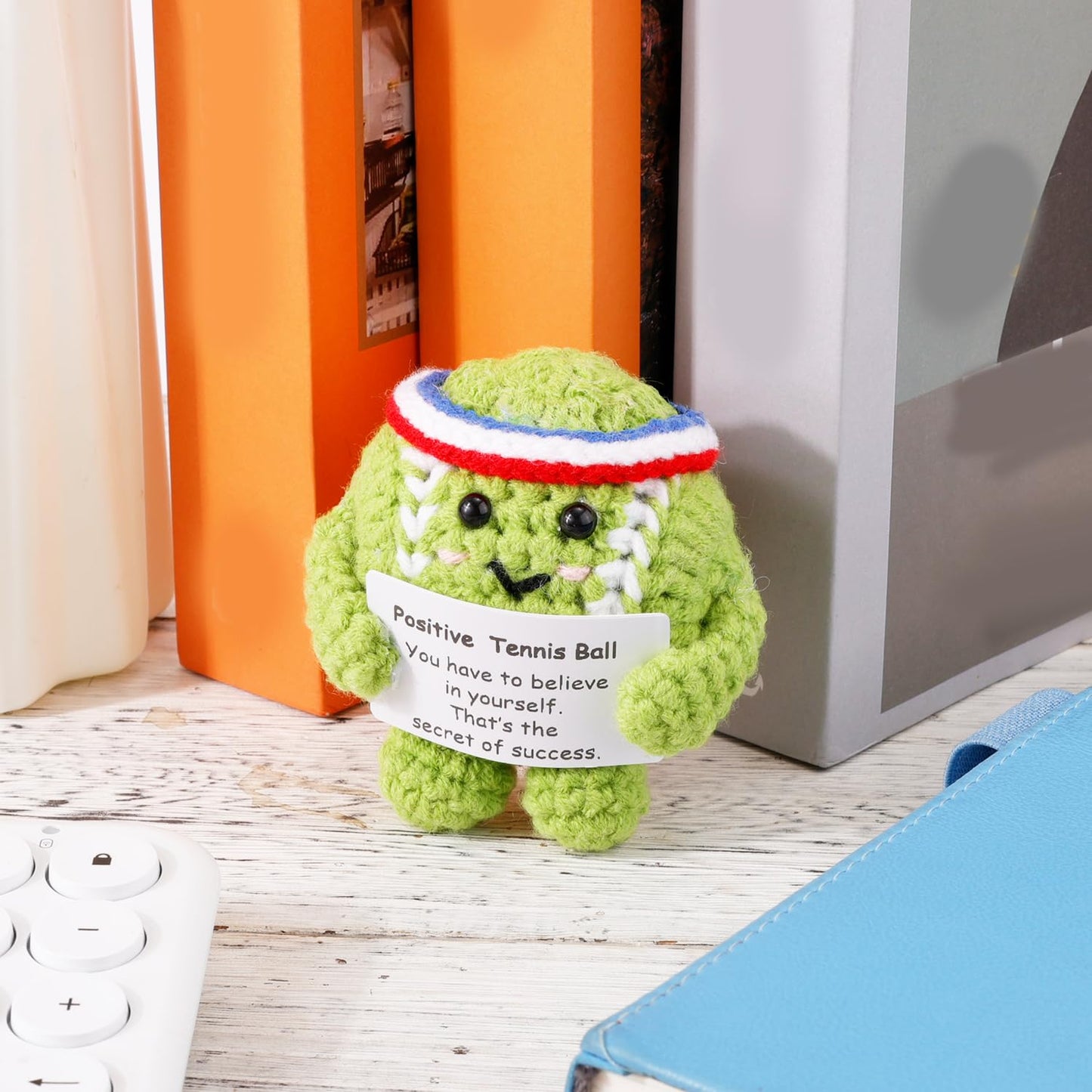 Positive Tennis Ball, Cute Funny Crochet Inspirational Tennis Ball Positive Knitted Animal Doll Crochet Toy with Positive Card for Sports Lover Friends Party Decorations