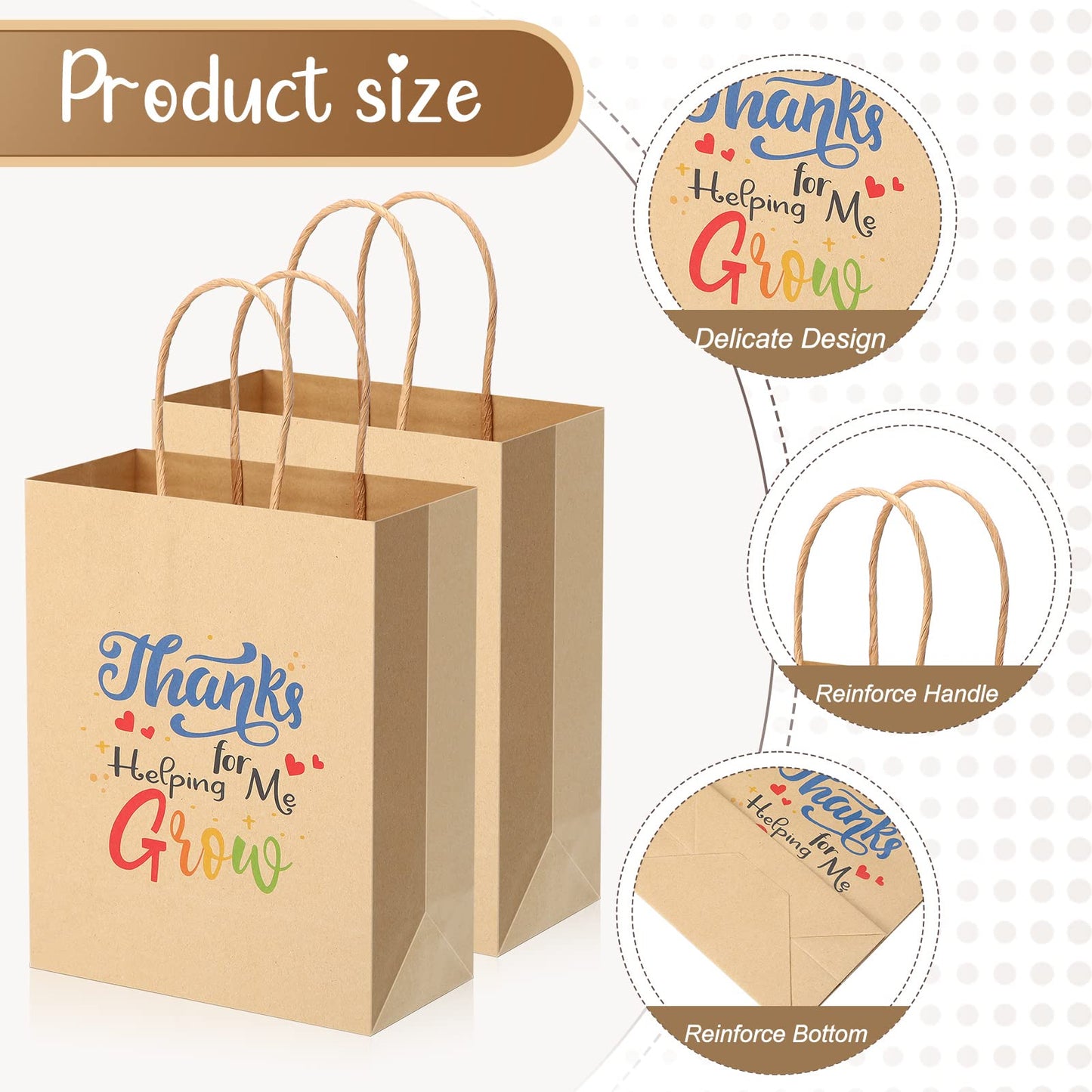 PerKoop 36 Pcs Teacher Appreciation Gift Paper Bag with Handles, Thank You Teacher Treat Present Bags for Teacher Appreciation Week, Birthday, Christmas Supplies(Kraft)