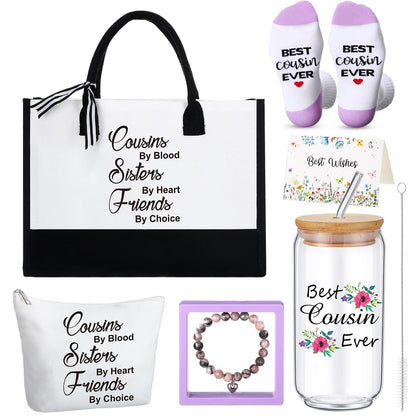 Pickmesh 7 Pack Cousin Gifts for Women, Thank You Best Cousin Ever Themed Gift for Birthday, Canvas Tote Bag, Makeup Bag, 16 oz Coffee Glass Cup, Socks, Stone Bracelet, Greeting Card and Box