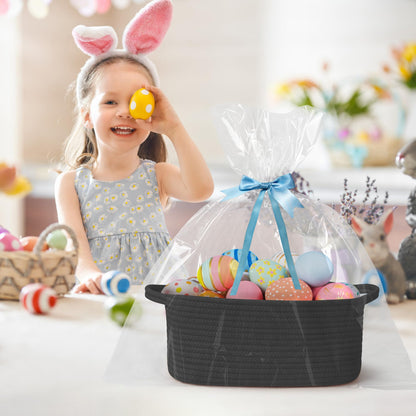 Black Basket for Gifts, Woven Gift Baskets Empty, Cotton Rope Storage Bin for Organizing, Cute Cat Dog Kids Toy Box, Decorative Baby Nursery Closet Organizer, Wicker Easter Basket with Handle