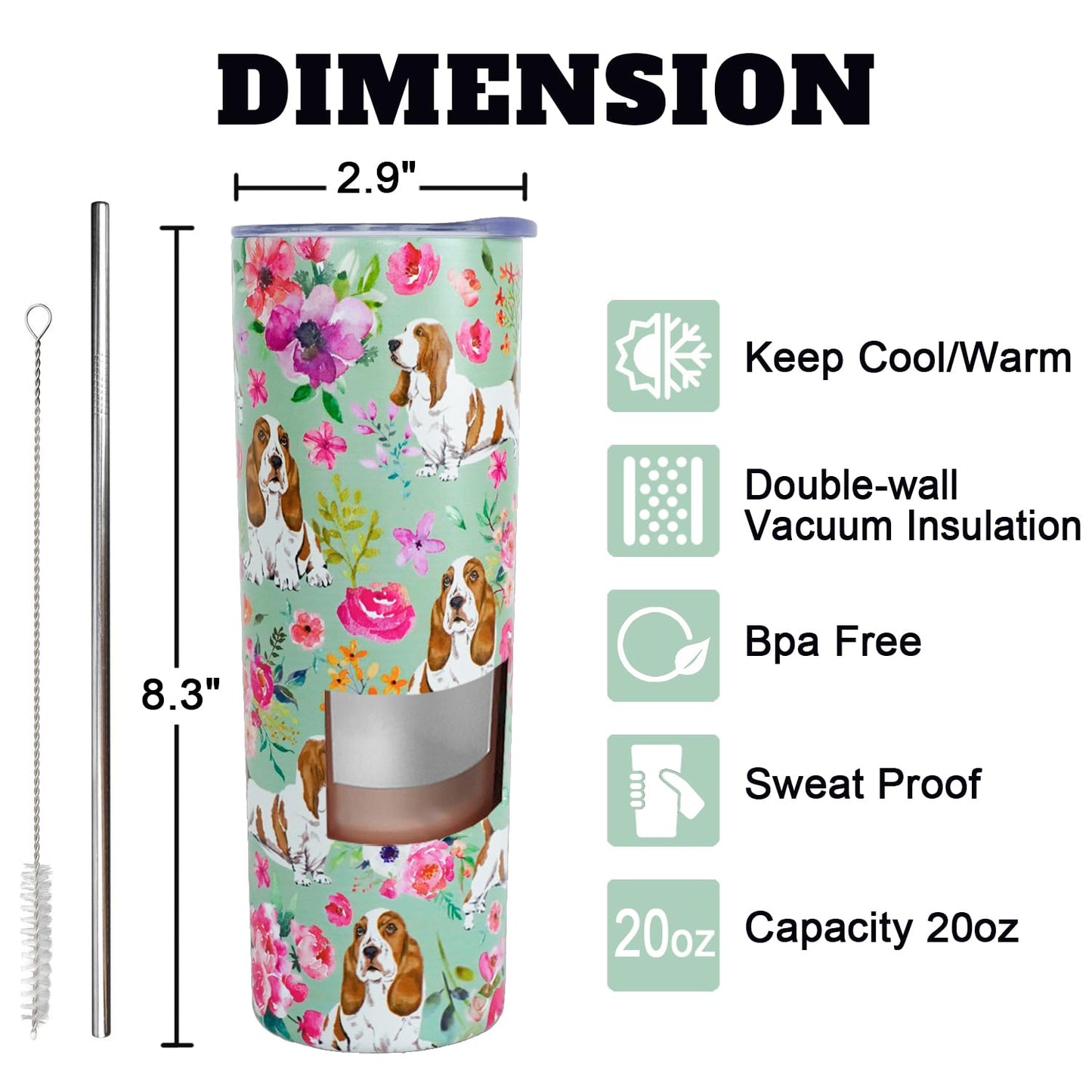 Basset Hound Gifts for Women Cute Dog Tumbler Coffee Cup for Women Basset Hound Travel Mug 20 Oz Stainless Steel Insulated Water Bottle With Lid and Straw