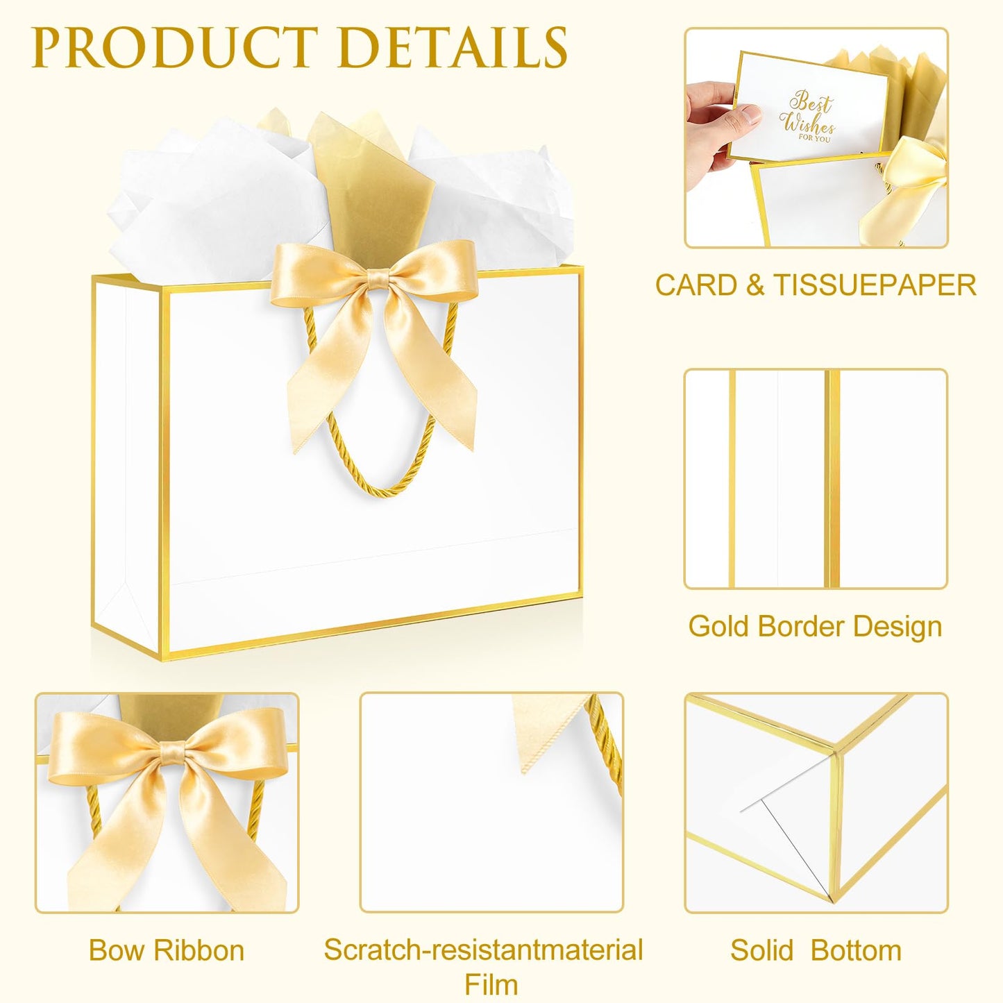 Ethhqu Fancy Large Gift Bags with Handles, 2 Pack 12.6x10x4 Inches - Includes Tissue Paper & Cards for Birthday, Baby Shower, Wedding, Anniversary, Easter, Mother's Day & Holiday Gifts (White and Gold)