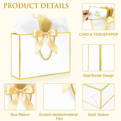 Ethhqu Fancy Large Gift Bags with Handles, 2 Pack 12.6x10x4 Inches - Includes Tissue Paper & Cards for Birthday, Baby Shower, Wedding, Anniversary, Easter, Mother's Day & Holiday Gifts (White and Gold)