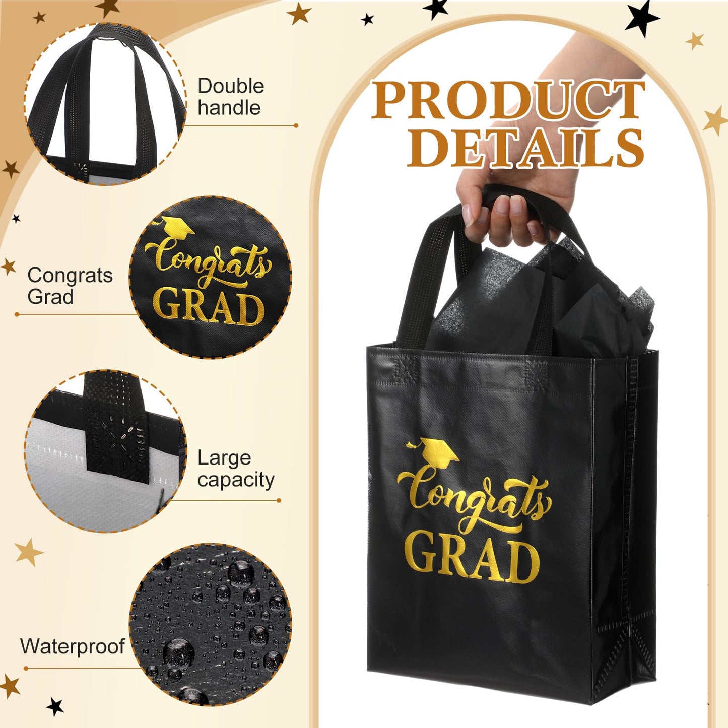 HunnmingRe 24 Sets Graduation Gift Bags 2026 Bulk Shiny Non Woven Black Gold Congrats Grad Tote Bag with Handles and Tissue Wrapping Papers for College High School Party Favors, 8 x 10 x 4 Inch