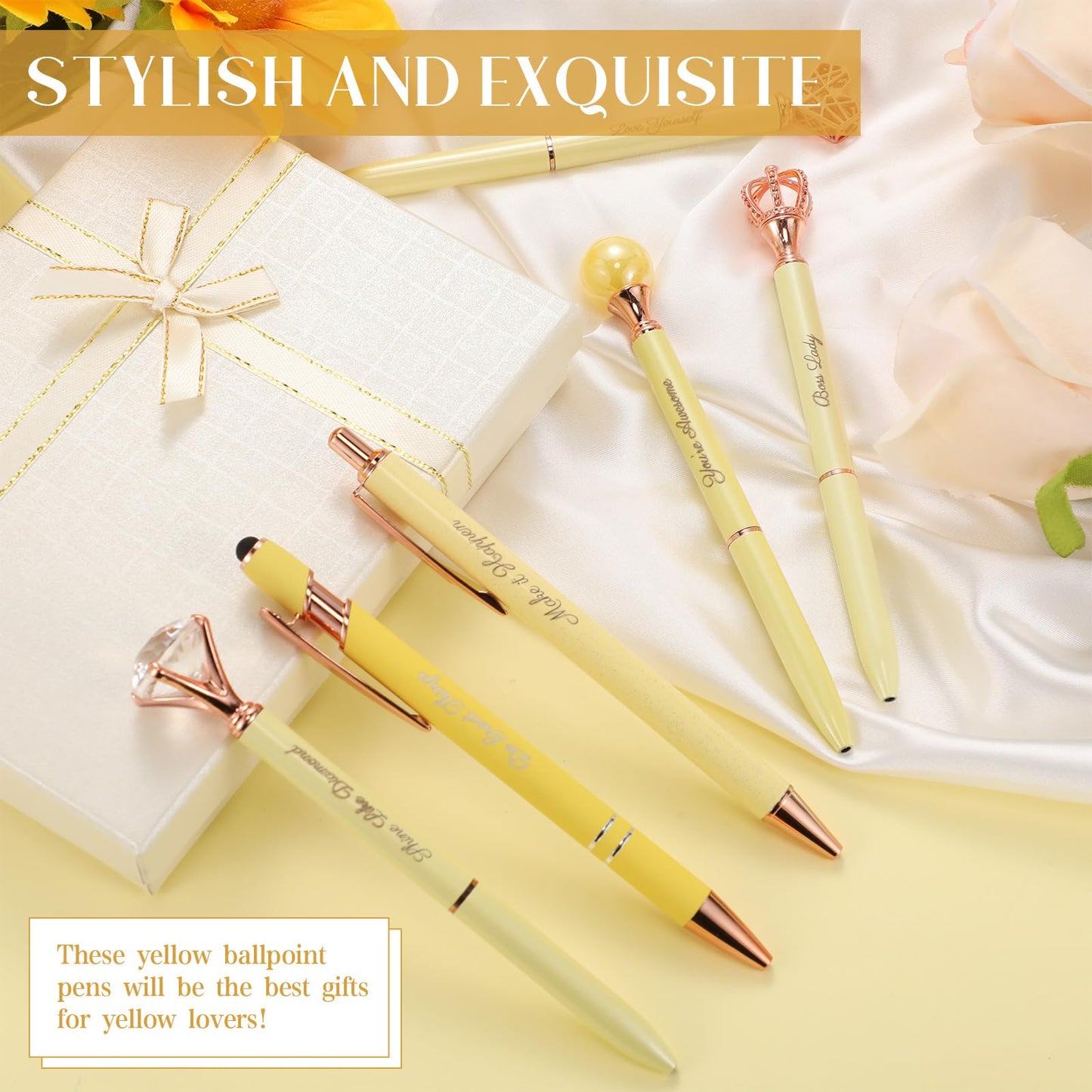 Qeeenar 6 Pcs Fancy Pens for Women Crystal Diamond Pen for Journaling Pretty Glitter Ballpoint with Box Inspirational Gifts for Women Girls College Students Cute Back to School Gifts(Yellow)