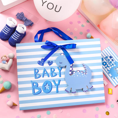 Loveinside Baby Boy Gift Bag Blue Dinosaur Design with Tissue Paper and Greeting Card for Baby Shower, New Parents, and More - 13" x 10" x 5", 1 Pcs