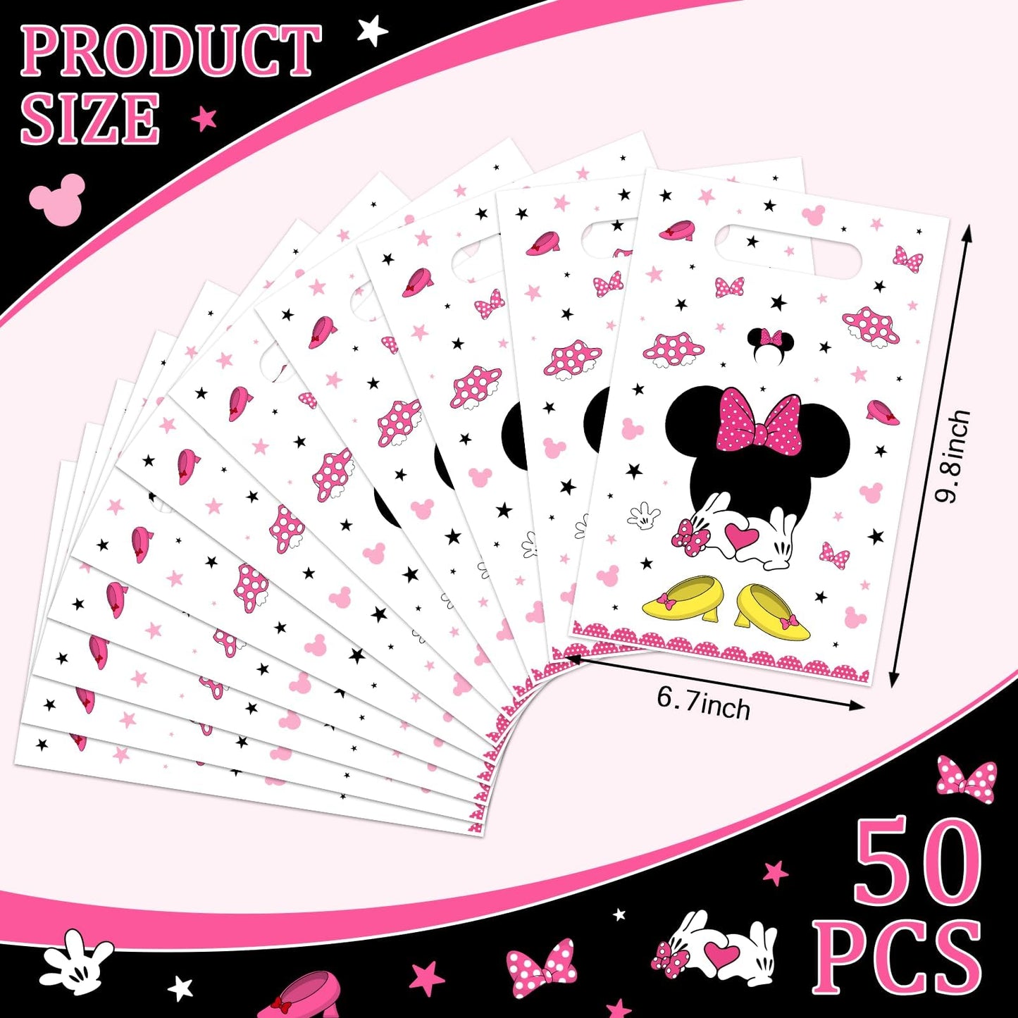 50 Pieces Pink Mouse Small Party Favor Bags Cute Mouse Head Birthday Plastic Gift Treat Bags for Kids Girls Pink Birthday Candy Snack Bag Baby Shower Party Supplies