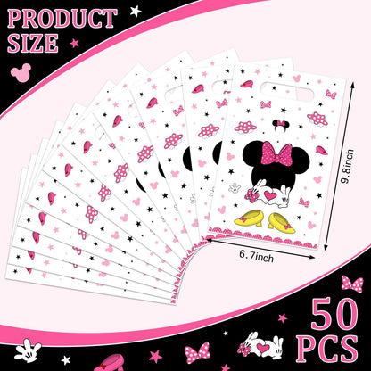 50 Pieces Pink Mouse Small Party Favor Bags Cute Mouse Head Birthday Plastic Gift Treat Bags for Kids Girls Pink Birthday Candy Snack Bag Baby Shower Party Supplies