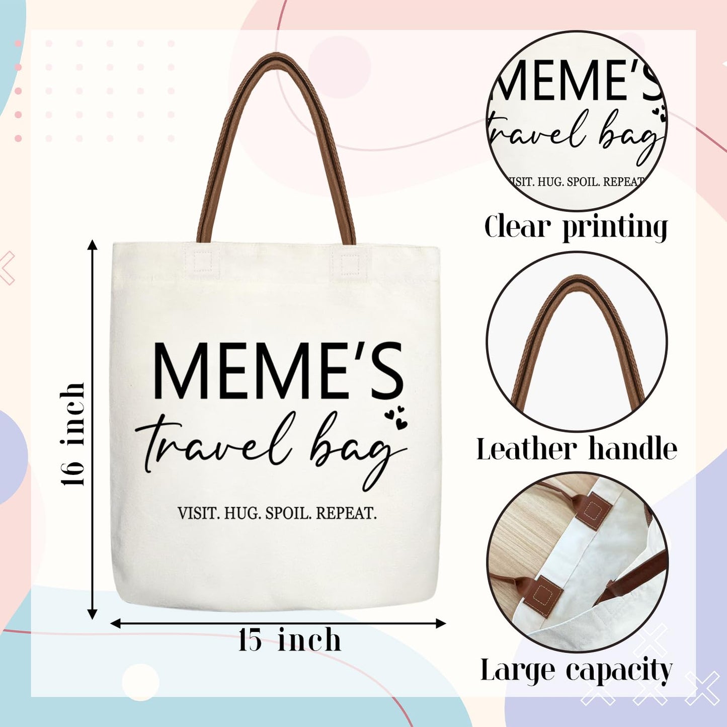 Meme's Travel Bag Canvas Tote Bags For Women, Aesthetic Tote Bag With Leather Handle, Reusable Grocery Bags for Meme Gift, Grandparents Day Mother's Day Birthday Thanksgiving Christmas Gift-16