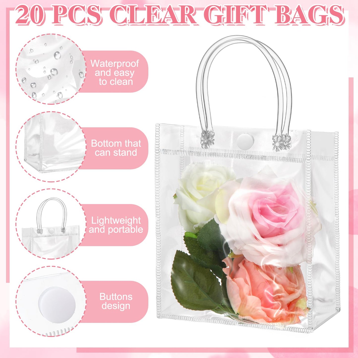 ProSuites 20 Pack Clear Plastic Gift Bags with Handles for Wedding Favors, Small Party Favor Bags 5.1" L x 2.75" W x 5.9" H - Premium Quality, Bulk Packaging Included