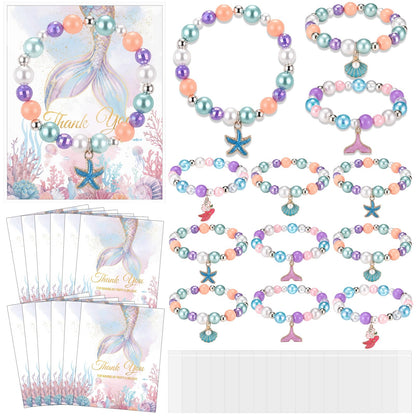 Misdary 12 Set Mermaid Party Favors Kids Beaded Bracelets Thank You Cards Goodie Bags Gifts Theme Party Accessories for Girls Jewelry Princess Birthday Prize Gifts Birthday Decorations
