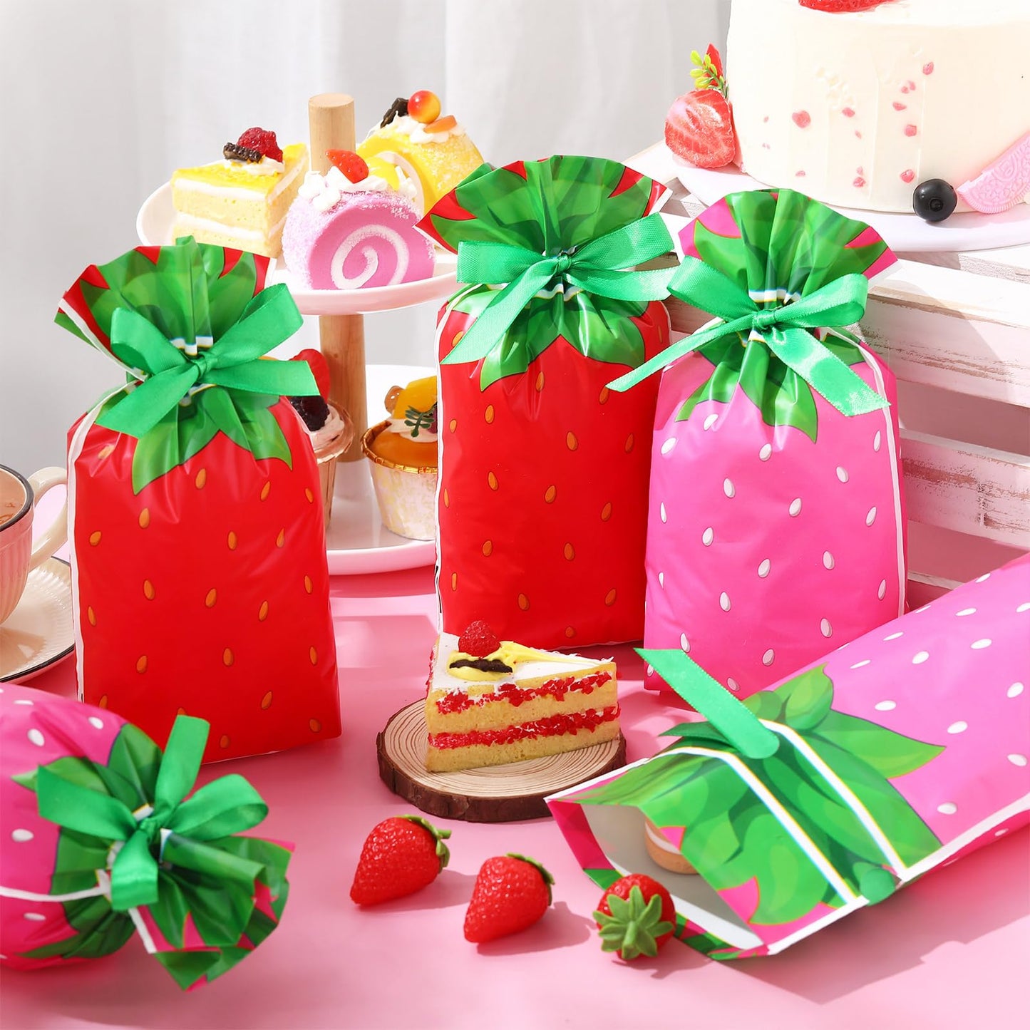 Pasimy 50 Pcs Strawberry Gift Bags Bulk 5.9 x 9 in Plastic Red Pink Strawberry Party Drawstring Favor Treat Goodie Candy Bags for Strawberrys Party Strawberrys Birthday Decorations Supplies, 2 Designs