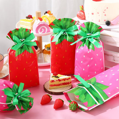Pasimy 50 Pcs Strawberry Gift Bags Bulk 5.9 x 9 in Plastic Red Pink Strawberry Party Drawstring Favor Treat Goodie Candy Bags for Strawberrys Party Strawberrys Birthday Decorations Supplies, 2 Designs