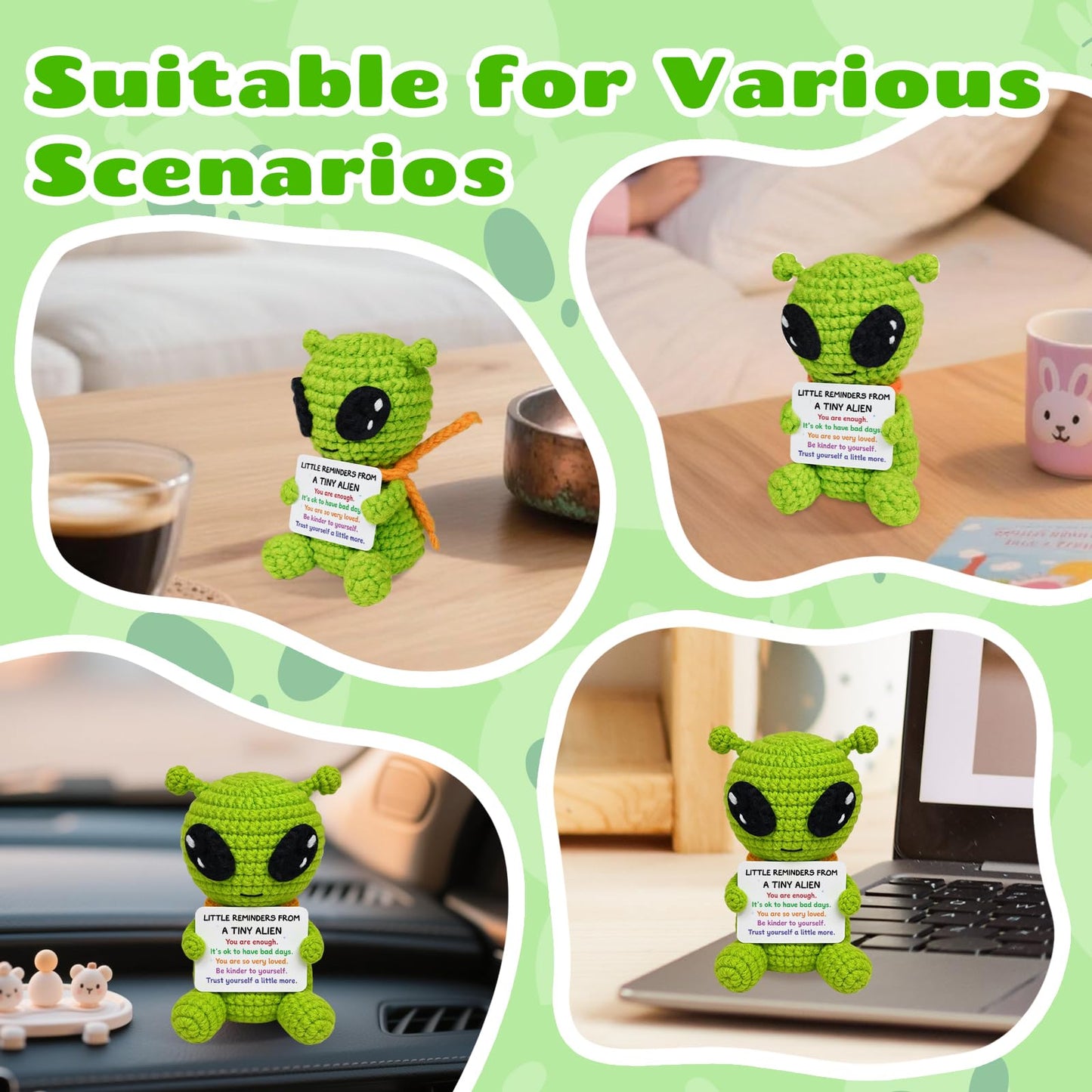 Funny Positive Crochet Alien, Birthday Gifts for Women Men, Cute Gag Handmade Emotional Support Alien Plush Decor, Unique Graduation Inspirational Gifts for Him Her Son Coworker Friend