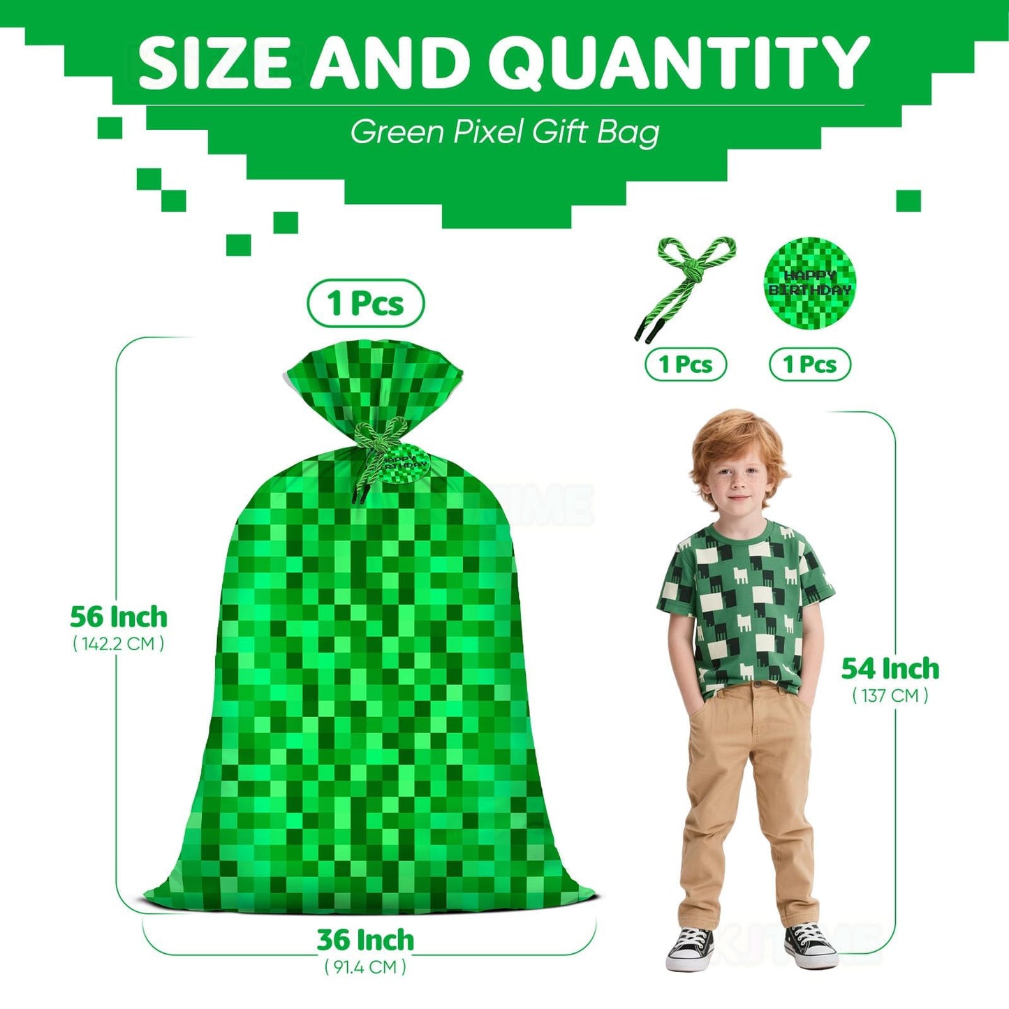 Jumbo Large Plastic Gift Bag Green Pixel Party Favor Bags for Boys 56''x36'' Video Game Kids Birthday Decorations Miner Theme Christmas Party Supplies
