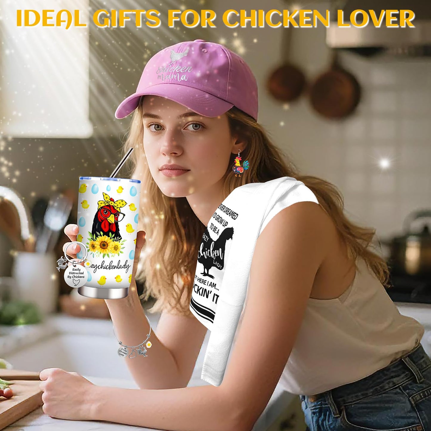 Chicken Gifts, Chicken Lover Gifts for Women, Funny Chicken Stuff with 20 Oz Tumbler Hat Socks Makeup Bag 2 Chicken Kitchen Towel Bracelet Keychain Earrings, Chicken Lady Birthday Chirstmas Gift