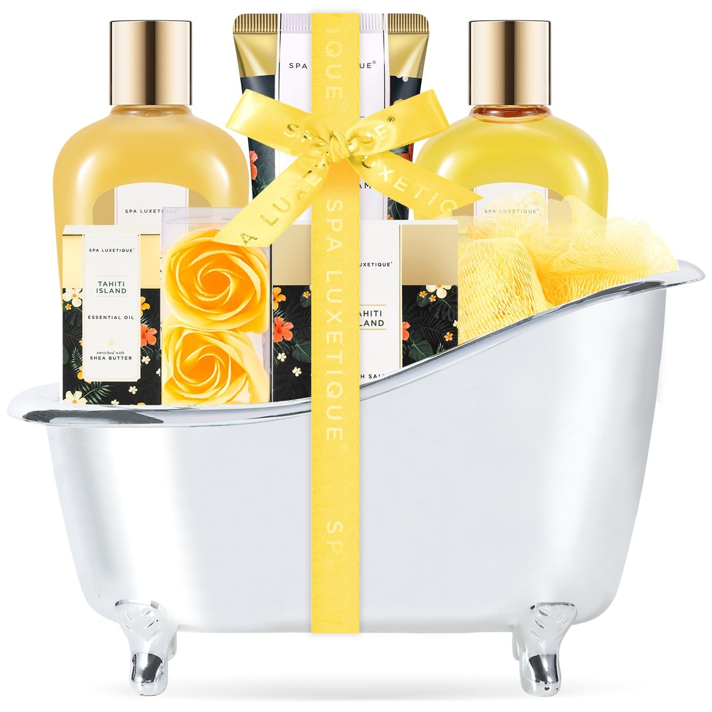 Spa Luxetique Spa Gift Baskets for Women - 8pcs Yellow Gifts for Women, Womens Self Care Kit Includes Body Lotion, Bubble Bath, Bath Sets, Mothers Day Gifts for Mom