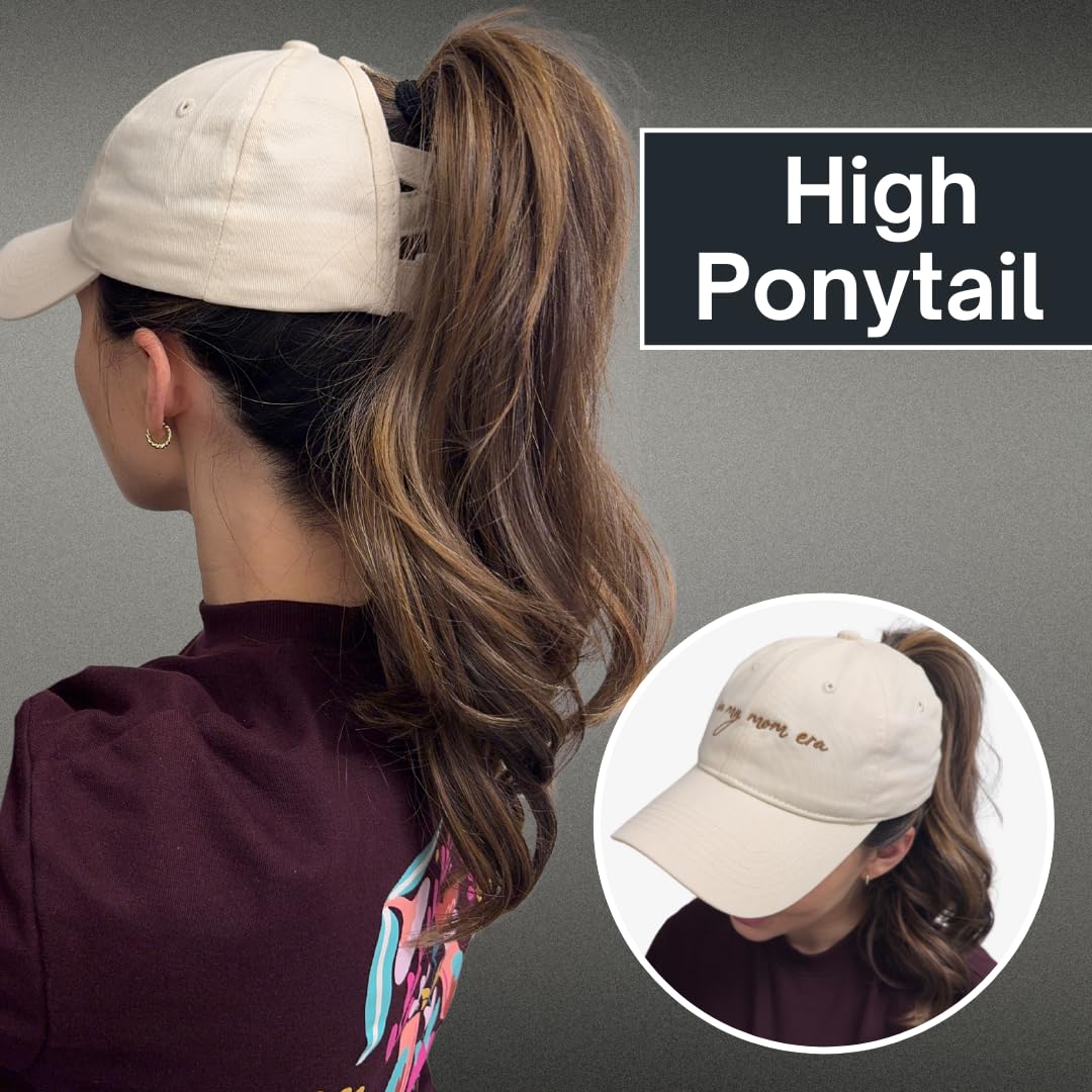 in My Mom Era Hat - Beige Baseball Cap for Moms, High Ponytail Hole, Minimalist Design, Mothers & New Mom Gifts