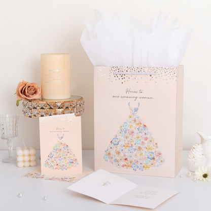 Crisky 13" Large Bridal Shower Bag with Cards Gift Bag with Tissue Paper, Gift Card(Here's to One Amazing Women) for Wedding, Bridal Shower, Engagement Party