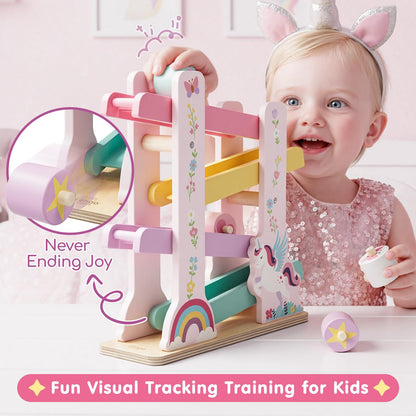 Lehoo Castle Wooden Car Ramp Toys for 1 Year Old Girl Birthday Gifts, Unicorn Montessori Toys for One Year Old, Wooden Race Track with 4 Rollers Toddler Toys for 2 Year Old Girl