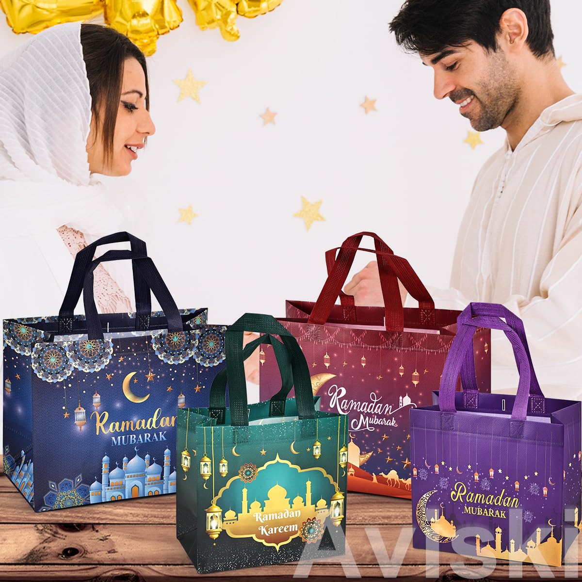 16PCS Ramadan Mubarak Reusable Gift Bags - Assorted Sizes, Multifunctional Non-Woven Party Bags for Gifts Wrapping