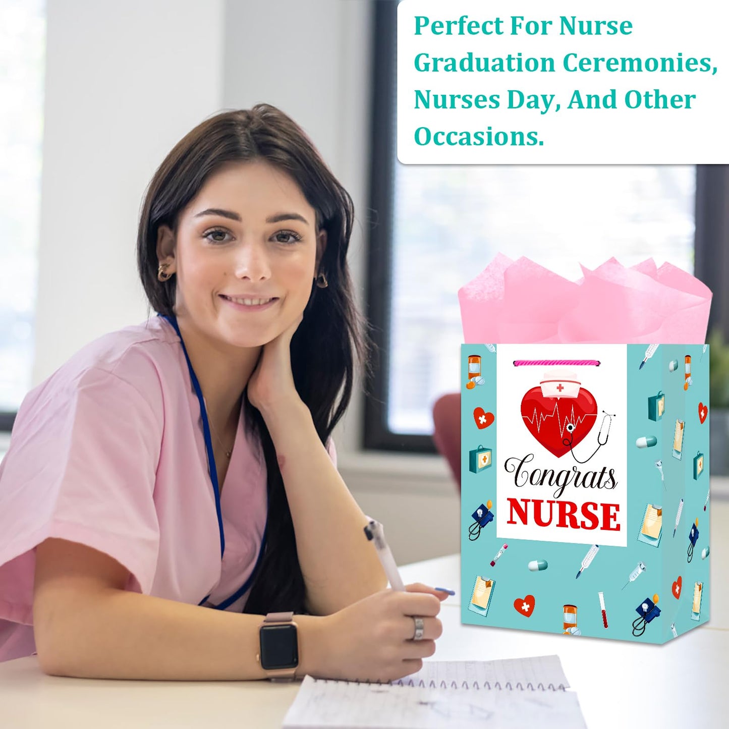 BIZIBAFF Nurse Graduation Gifts Bag - 13" Large Nursing School Gift Bag for Her Women Congrats Nurses Wrap Paper Bag for New Nurse Party Favor Bag with Tissue Paper