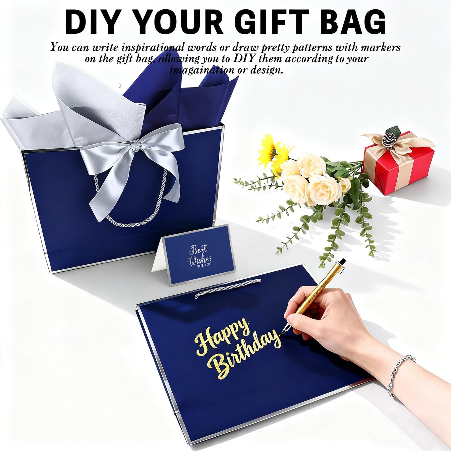 Addblu 12 Pack Large Navy Blue Gift Bags with Handles, 12.6x10x4'' Includes 36 Tissue Papers, Bow Ribbon & Cards for Wedding, Birthday, Bridesmaid, Groomsmen, Valentine's Day, Easter (Blue and Silver, 12pcs)