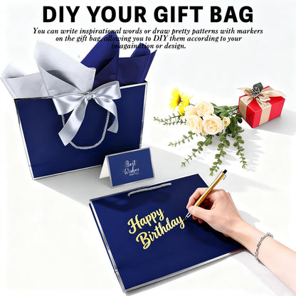 Addblu 12 Pack Large Navy Blue Gift Bags with Handles, 12.6x10x4'' Includes 36 Tissue Papers, Bow Ribbon & Cards for Wedding, Birthday, Bridesmaid, Groomsmen, Valentine's Day, Easter (Blue and Silver, 12pcs)