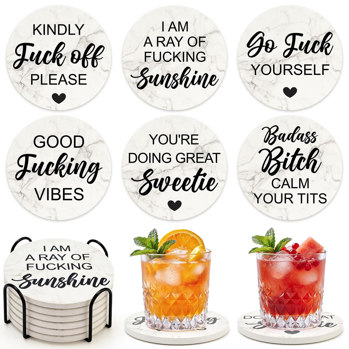 Funny Coasters with Holder Cool Gag Gifts for Adult Women Drink Fun Cup Coaster Set of 6 Coffee Table Bar Decor Unique Modern Coasters Man Cave Accessories Home Housewarming Gift Barsys Coster