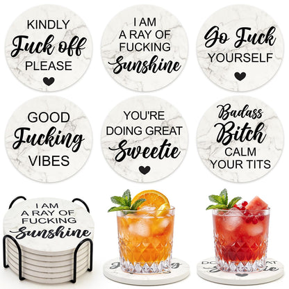 Funny Coasters with Holder Cool Gag Gifts for Adult Women Drink Fun Cup Coaster Set of 6 Coffee Table Bar Decor Unique Modern Coasters Man Cave Accessories Home Housewarming Gift Barsys Coster