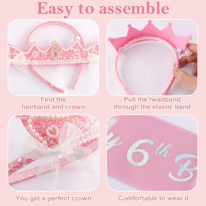 6th Birthday Girl Gift Set - 6th Birthday Sash, Glitter Crown & Cupcake Glasses, 6 Year Old Girl Birthdays Gifts, Princess Birth day Party Decorations for Girls
