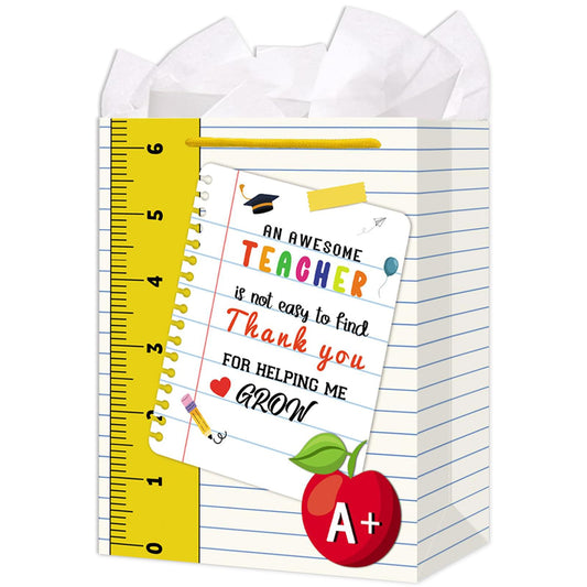 LIJUGITF Teacher Appreciation Gift Bag with Tissue Paper, 13" Large Thank You Gift Bag for Teacher Appreciation Week, End of Year, Graduation, Back to School Supplies, Paper Gifts Wrapping Bags