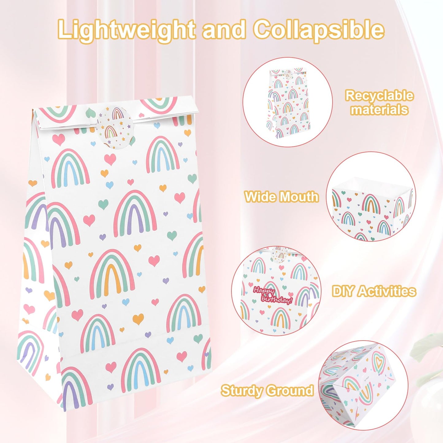 Nukssi 24pcs Rainbow Gift Bags With Stickers, Cute Paper Gift Bags Small Size 8.7x5.1x3.1 Party Favors Bags Bulk Mini Tiny Goody Bag for Wedding Rainbow Kids Girl Birthday
