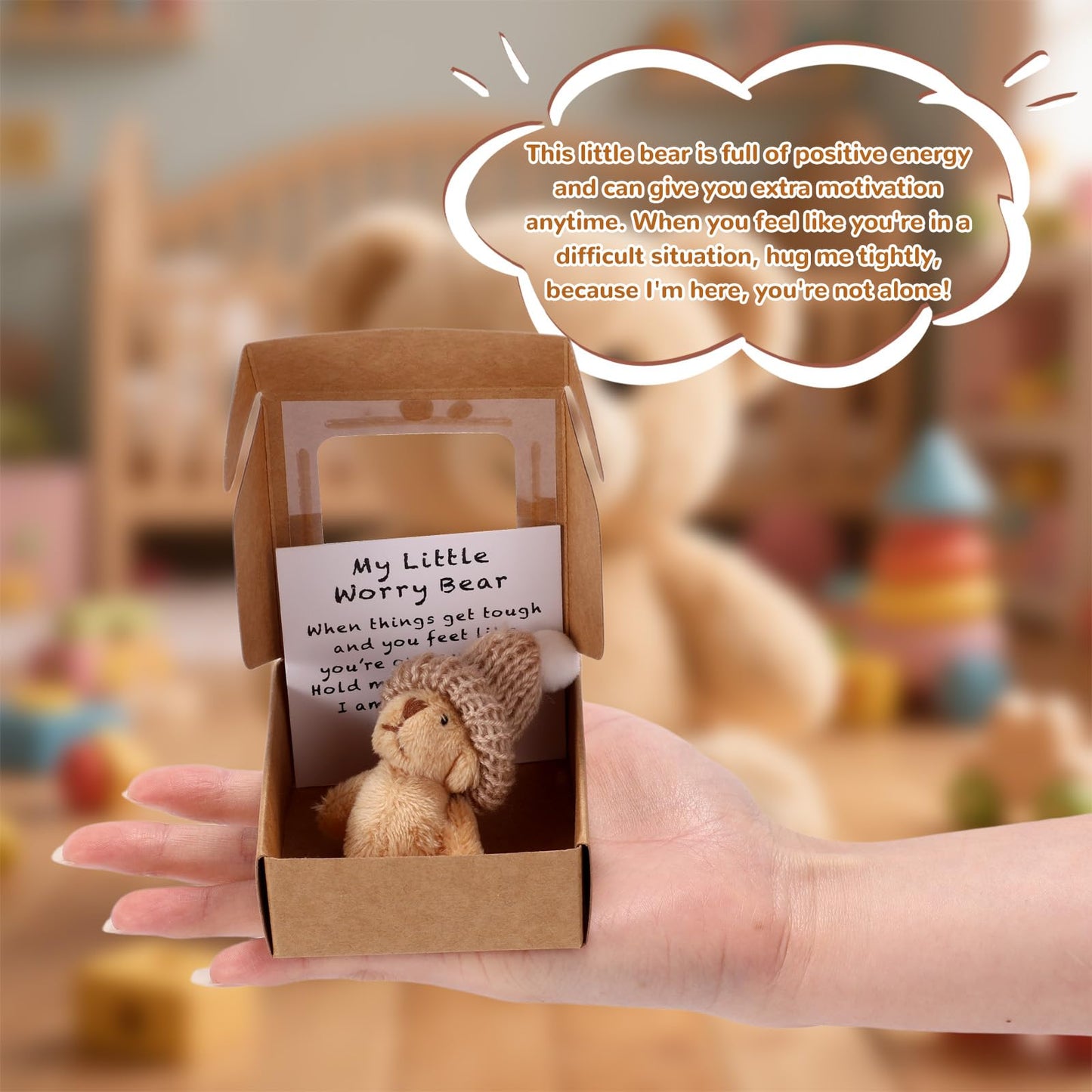 2 Sets Little Worry Bear in Box Tin with Hat, Handmade Positive Mini Pocket Bear with Encouragement Card Inspirational Toy for Friends Family Coworkers Gift (Khaki, Dark Brown)