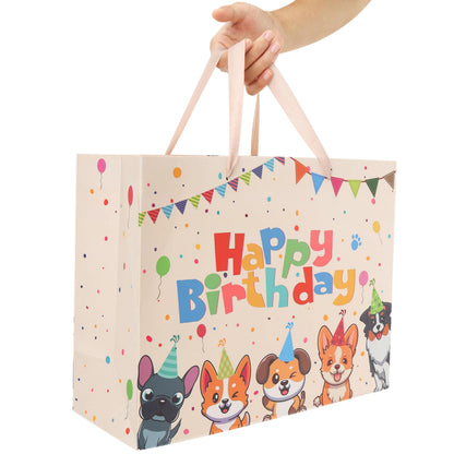 wishinside 13” Large Dog Happy Birthday Gift Bag Set with Handles, Greeting Card, Tissue Papers and Stickers for Girl Boy Kid Women Men, Cream Puppy Design, 1 Pcs