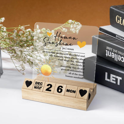 Human Sunshine Inspirational Gifts - Appreciation Wooden Block Calendar, Motivational Thank You Gifts for Coworkers Women Man, Boss Office Desk Decor, Employee Coach Mentor Desk Sign