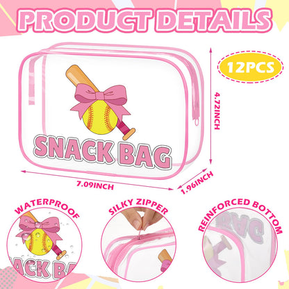 12 Pcs Softball Party Favors Pink Bow Softball Snack Bags Bulk Sport Gifts for Girls Team Soft Ball Goodie Bags Treat Clear Gift Bag for Girls Birthday Back to School, 7.87 x 5.9 x 2.36 Inch