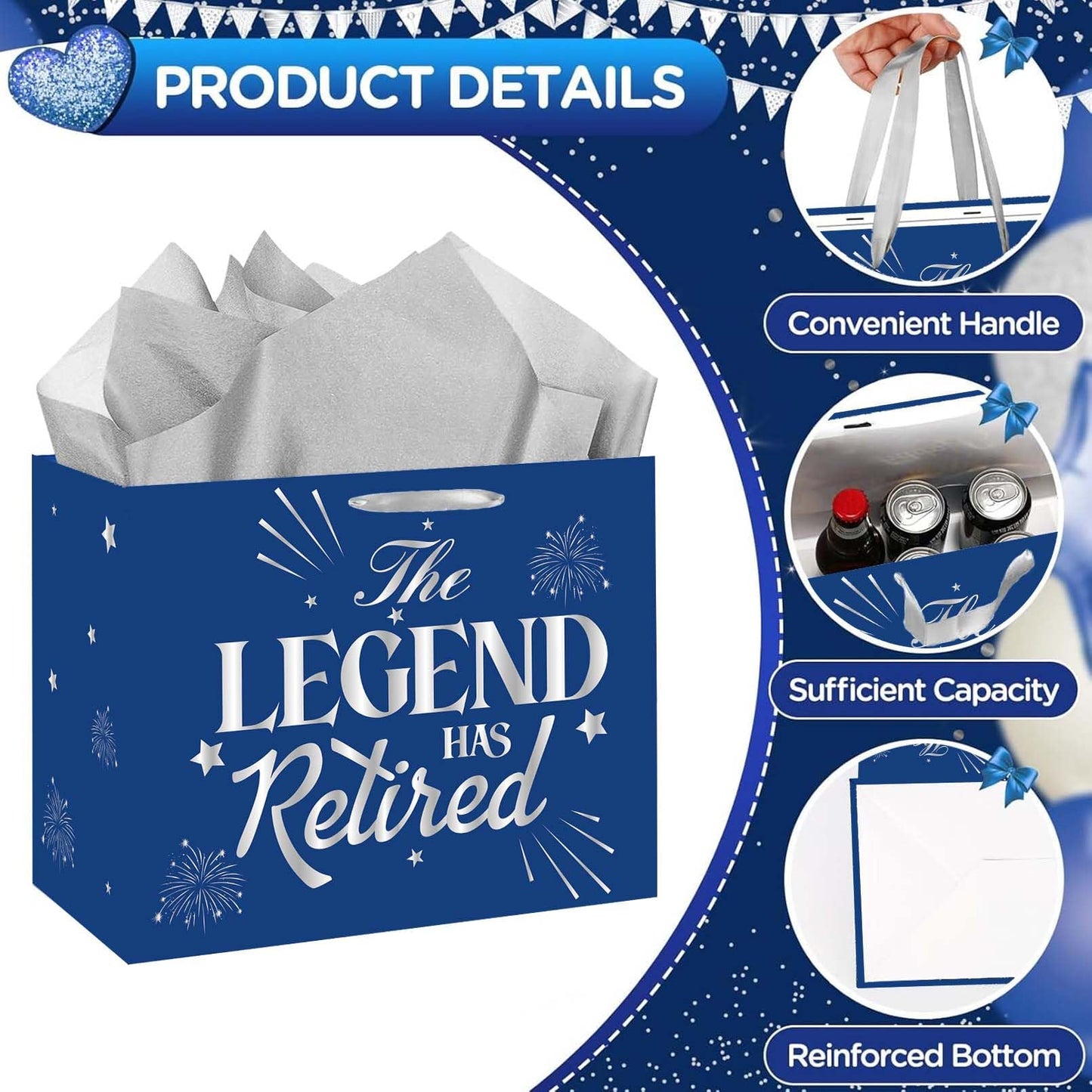 SUNDECO Blue Silver Retirement Gift Bag, Large Happy Retirement Gift Bag with Cards & Tissue Paper, The Legend Has Retired Wrapping Paper for Men, Women, Coworkers, Farewell Going Away Party Decor