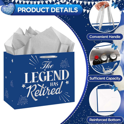 SUNDECO Blue Silver Retirement Gift Bag, Large Happy Retirement Gift Bag with Cards & Tissue Paper, The Legend Has Retired Wrapping Paper for Men, Women, Coworkers, Farewell Going Away Party Decor