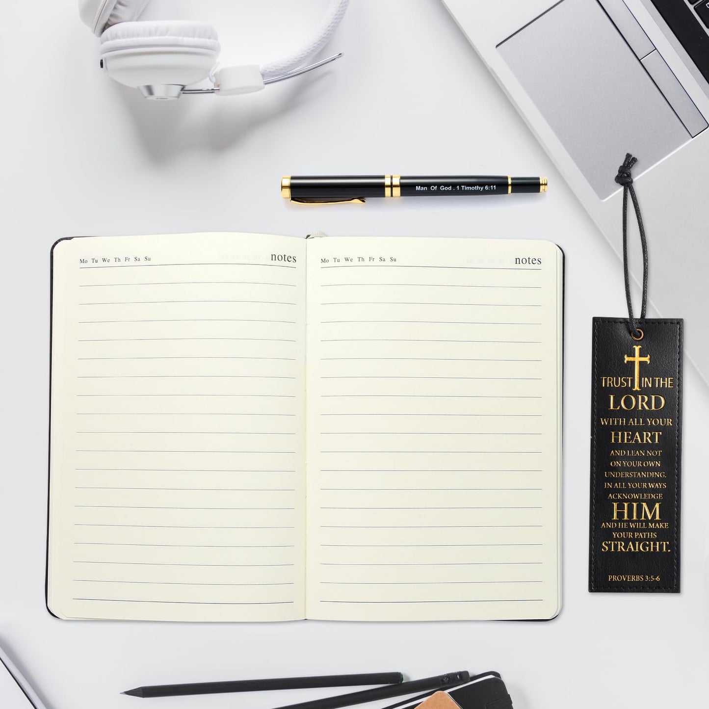 SAIWEILAI ONLINE 3 Pieces Christian Gifts for Men Religious Gifts for Dad Bible Verse Inspirational Notebook Bible Verse Ballpoint Pen Trust in The Lord Bookmark for Men Office School Journal Supplie