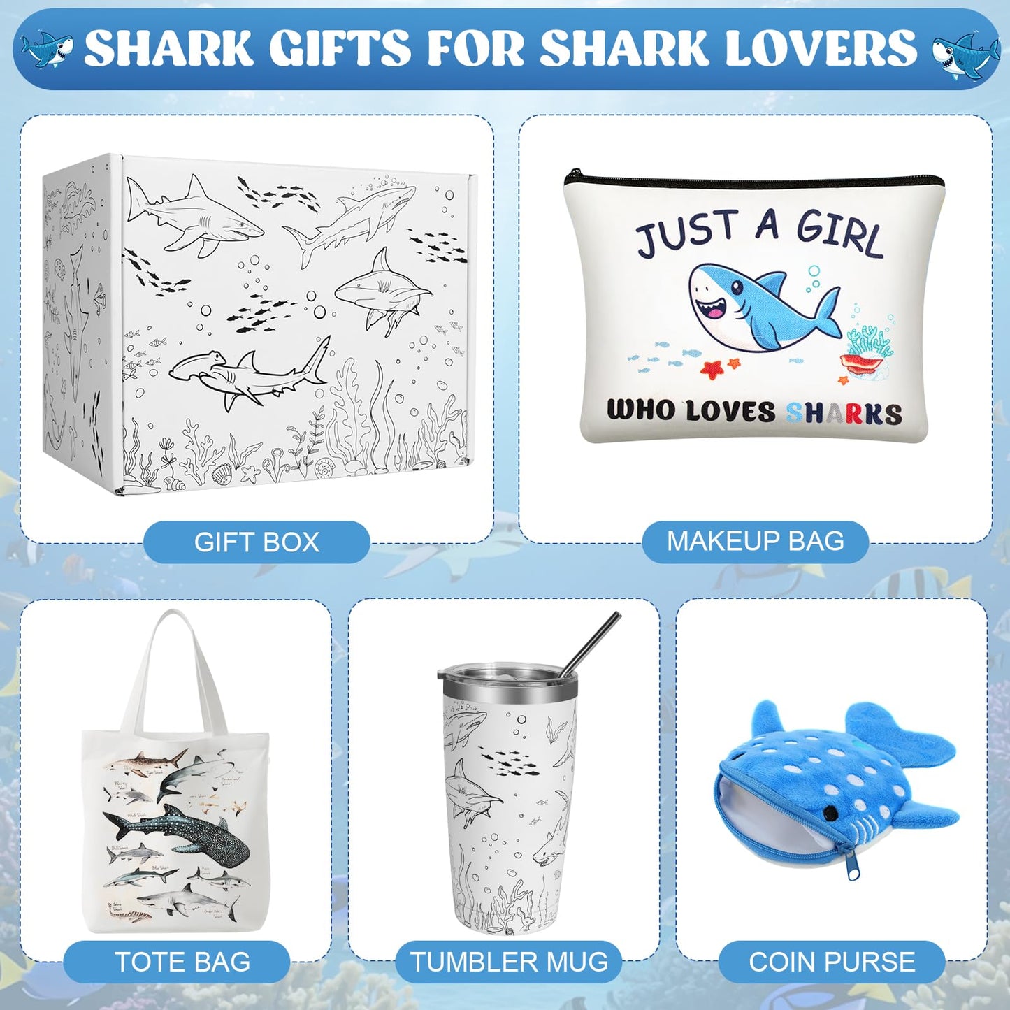 Shark Gifts for Women, 9 Pcs Shark Lovers Gift for Girls Including Tumbler Tote bag Makeup Bag Shark Coin Purse Socks Notepad Keychain Gift Card for Christmas Birthday Mothers Day