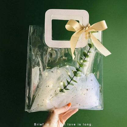 Rmannke Clear Gift Bag with Handle, 4 Pcs Transparent PVC Gift Bag, Heavy Duty Reusable Gift Wrap Bags for Bridal Party, Baby Shower, Wedding Favor, Shopping Bag Bulk- 7"x4" x8"
