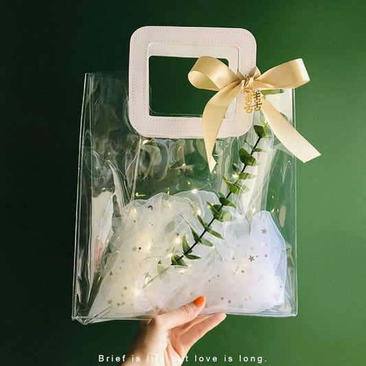 Rmannke Clear Gift Bag with Handle, 4 Pcs Transparent PVC Gift Bag, Heavy Duty Reusable Gift Wrap Bags for Bridal Party, Baby Shower, Wedding Favor, Shopping Bag Bulk- 7"x4" x8"