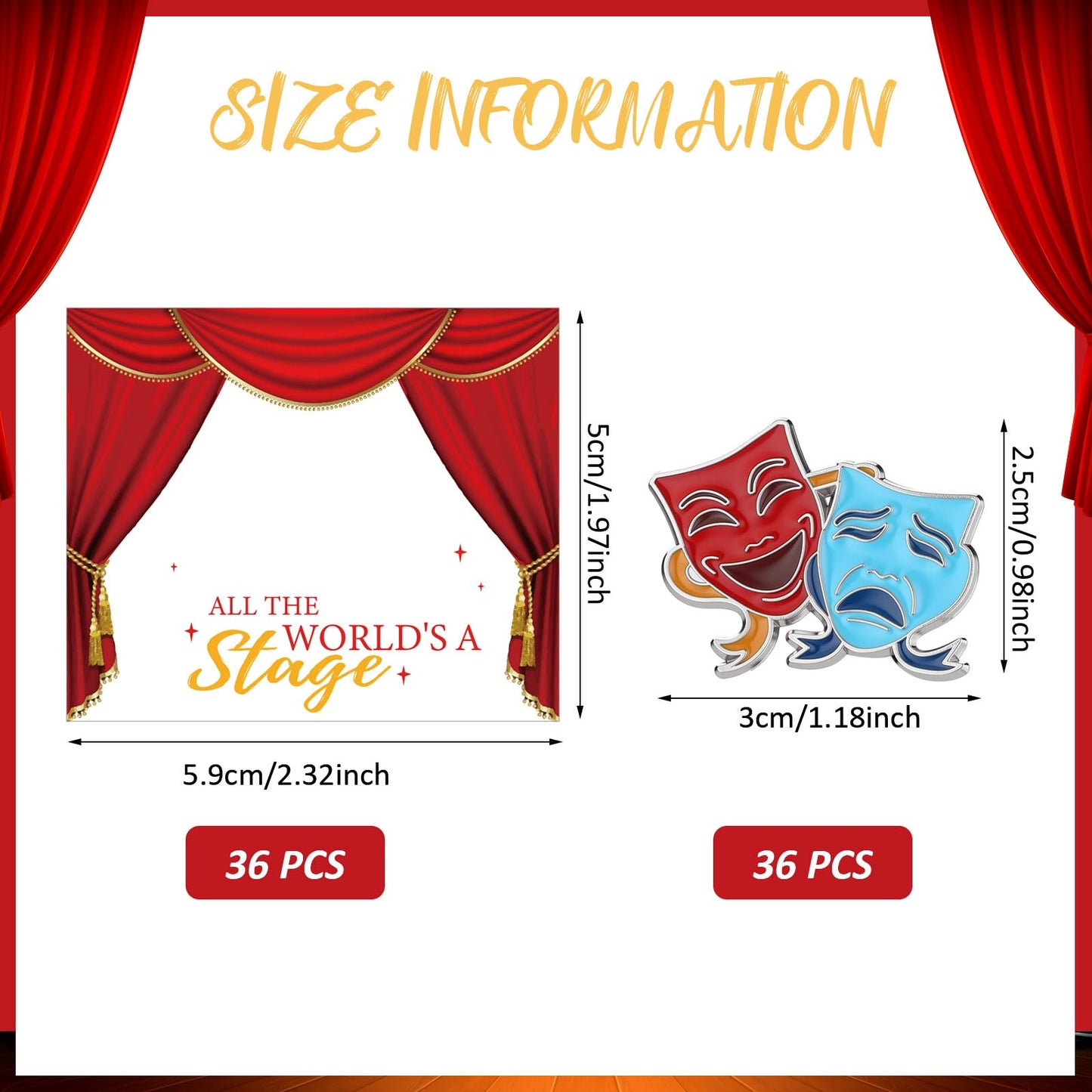 Huquary 36 Pcs Theater Gifts Drama Masks Pins with 36 Pcs Greeting Cards Comedy Tragedy Masks Hat Pin Performance Award Theater Lapel Badge for Drama Students Reward