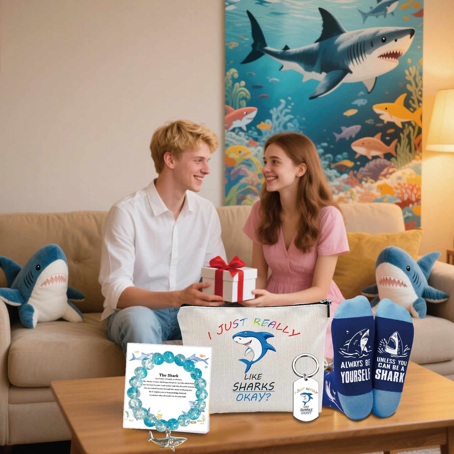 Shark Gifts for Women – 4 PCS Set Includes Makeup Bag, Socks, Bracelet, and Keychain – Funny Shark Gifts for Ocean Lovers, Girls, Birthday or Christmas