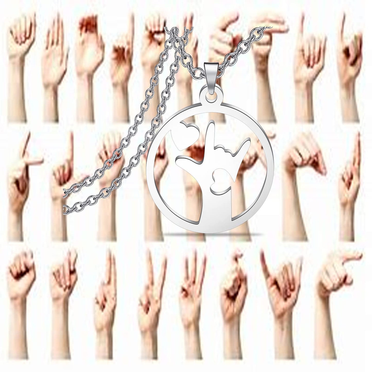 LQRI ASL American Sign Language Jewelry I Love You Hand Sign Language Round Necklace ASL Jewelry Interpreter Teacher gift