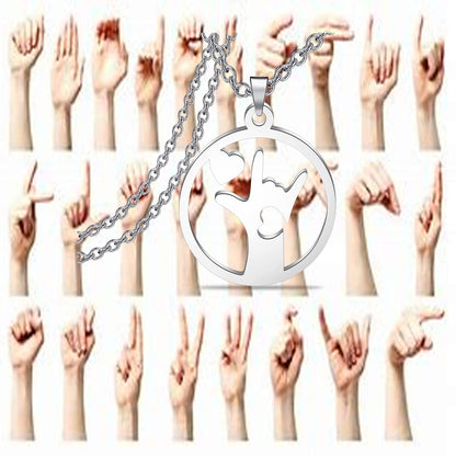 LQRI ASL American Sign Language Jewelry I Love You Hand Sign Language Round Necklace ASL Jewelry Interpreter Teacher gift