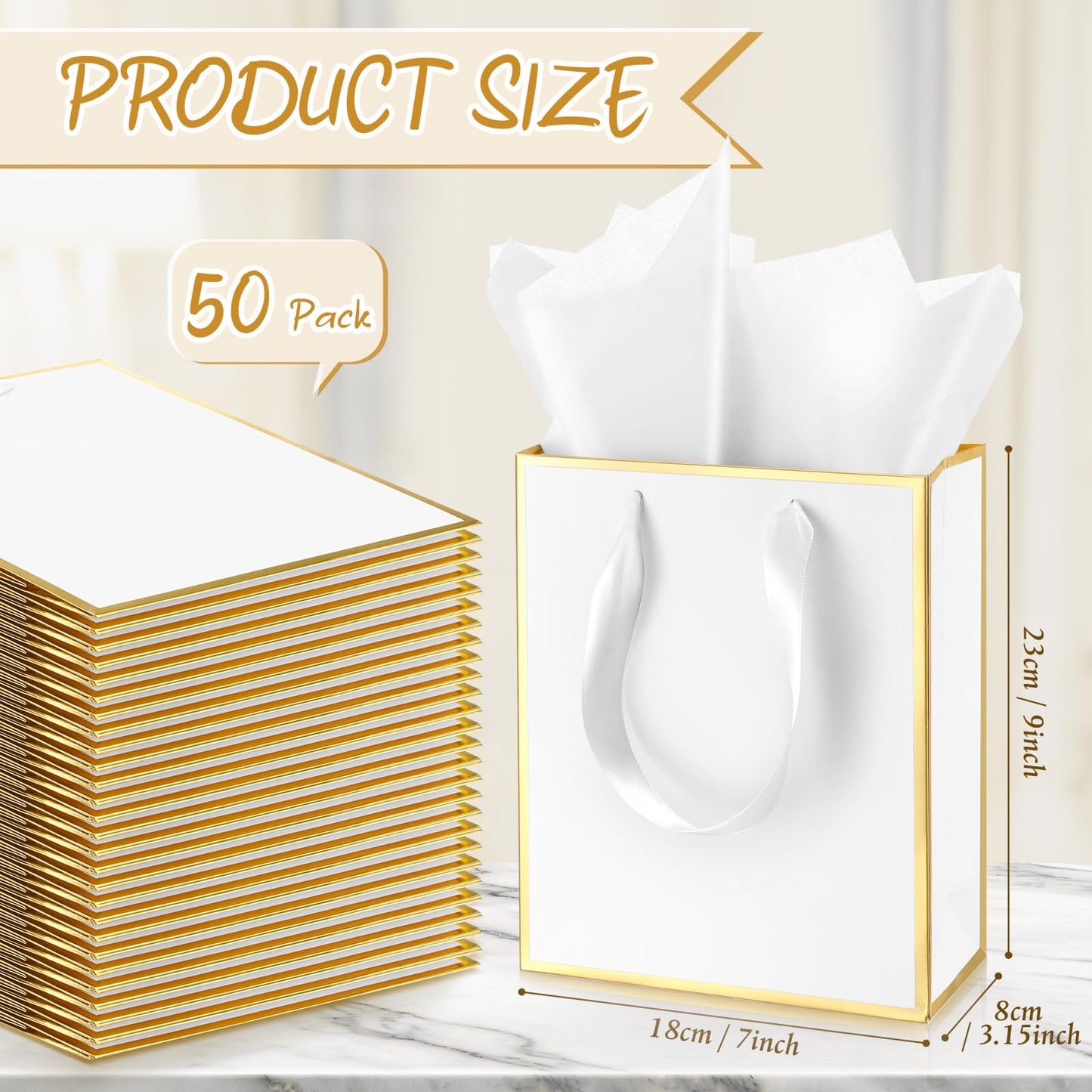 Yeaqee 50 Pack Metallic Gift Bags with Handle and Tissue Paper Gold Foil Thank You Bag for Graduation Wedding Groomsmen Bridal Baby Shower Gifts Holiday Party Favors 9x7x3.15'' (White Gold)