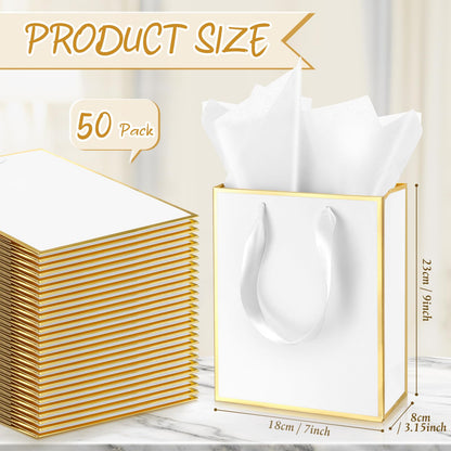 Yeaqee 50 Pack Metallic Gift Bags with Handle and Tissue Paper Gold Foil Thank You Bag for Graduation Wedding Groomsmen Bridal Baby Shower Gifts Holiday Party Favors 9x7x3.15'' (White Gold)